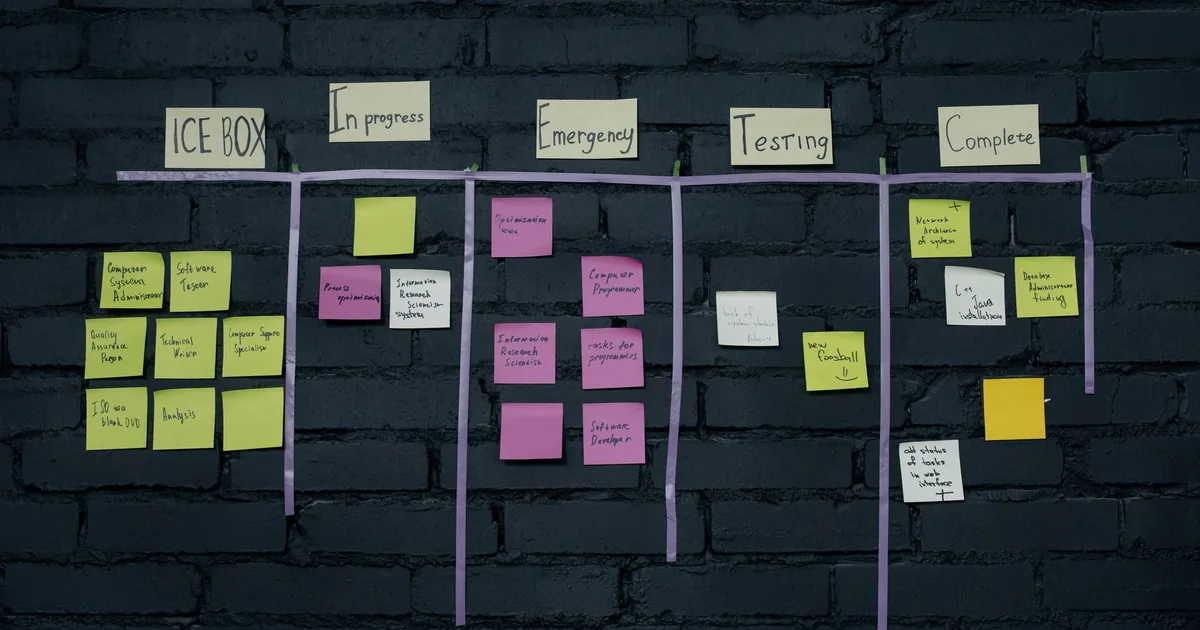 Tablica z diagramem procesu sprzedaży i karteczkami na ścianie